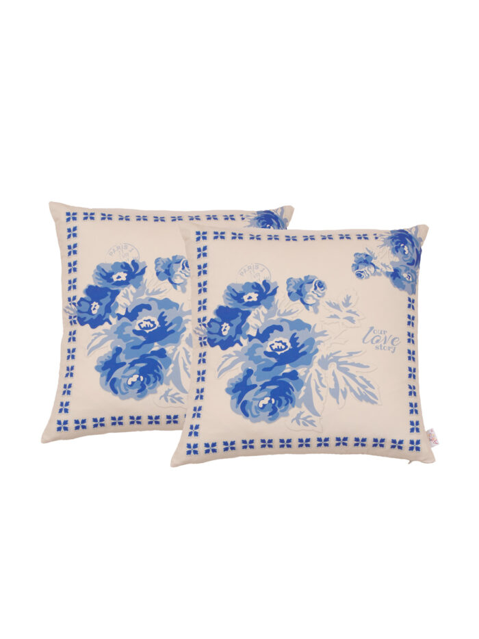 Mavi çiçek desenli vintage krem 2li kırlent kılıfı kombini