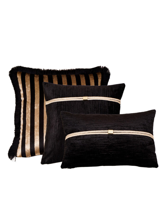 Siyah gold tokalı ve çizgili lüks 3lü kırlent kılıfı kombini