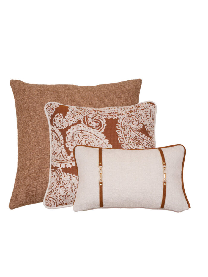 Belezza taba şal desenli ve deri kemerli 3lü kırlent kılıfı kombini