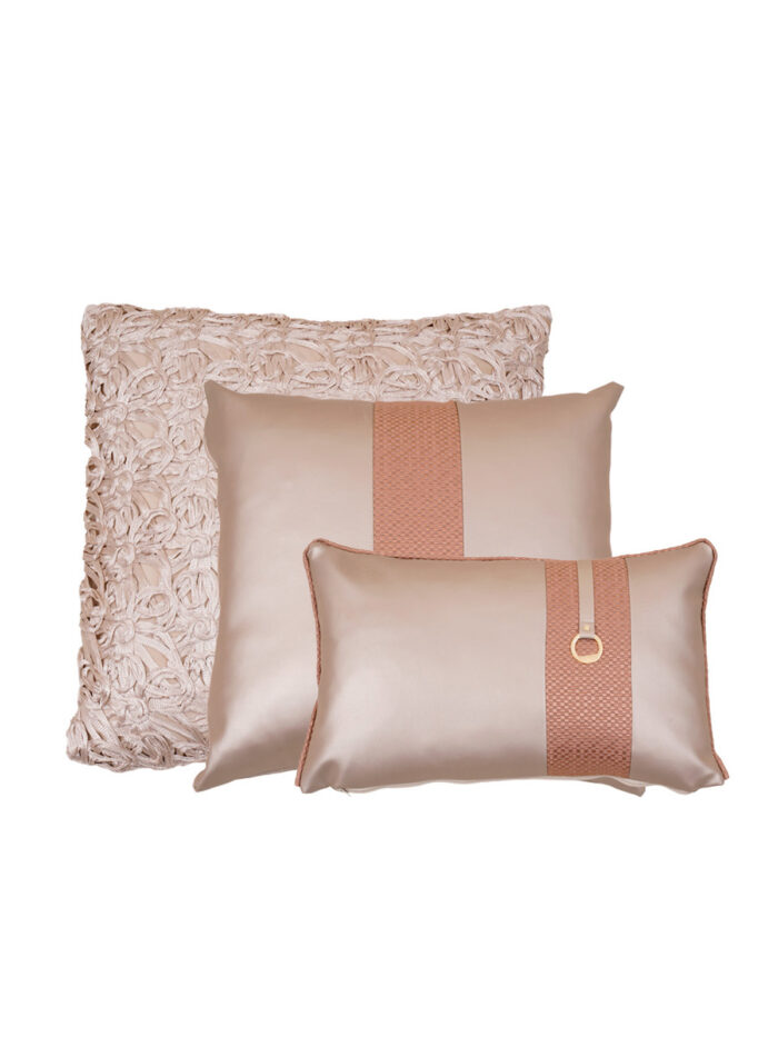 Braga açık vizon ve bakır tokalı lüks 3lü kırlent kılıfı kombini