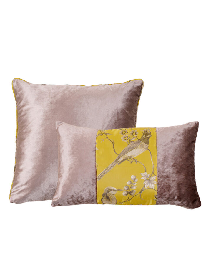 Verona kuş desenli gül kurusu ve sarı detaylı 2li kırlent kılıfı kombini